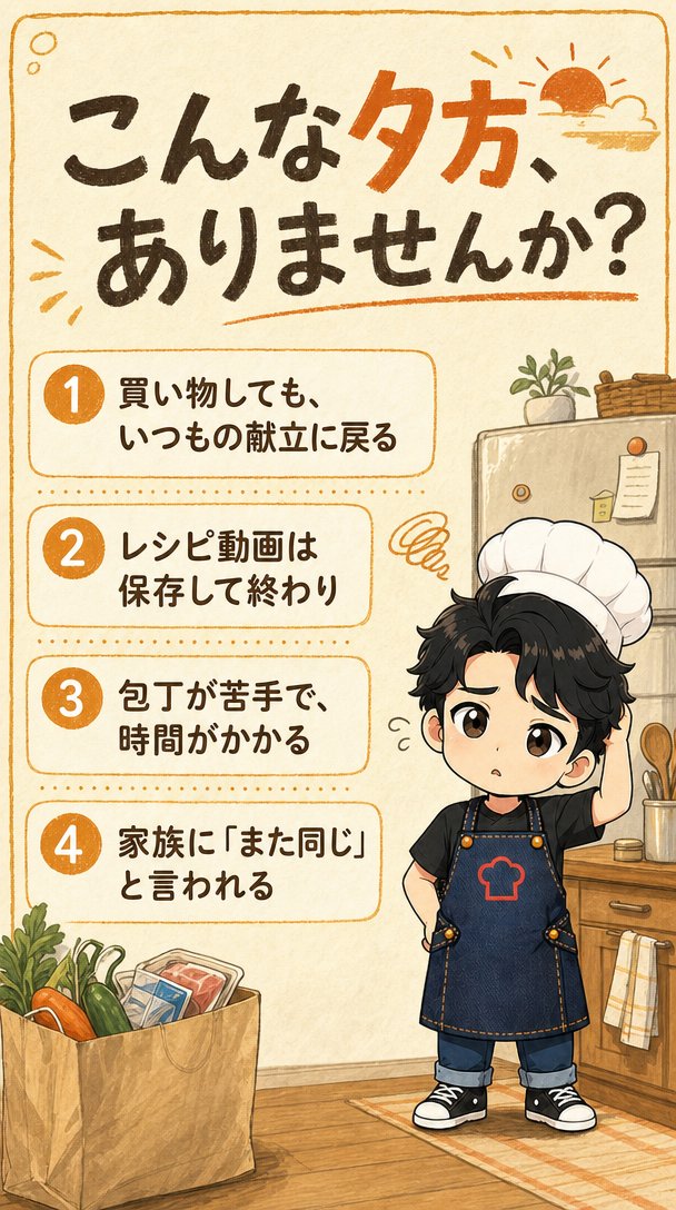 こんな夕方、ありませんか？ 買い物しても、いつもの献立に戻る。レシピ動画は保存して終わり。包丁が苦手で、時間がかかる。家族に「また同じ」と言われる