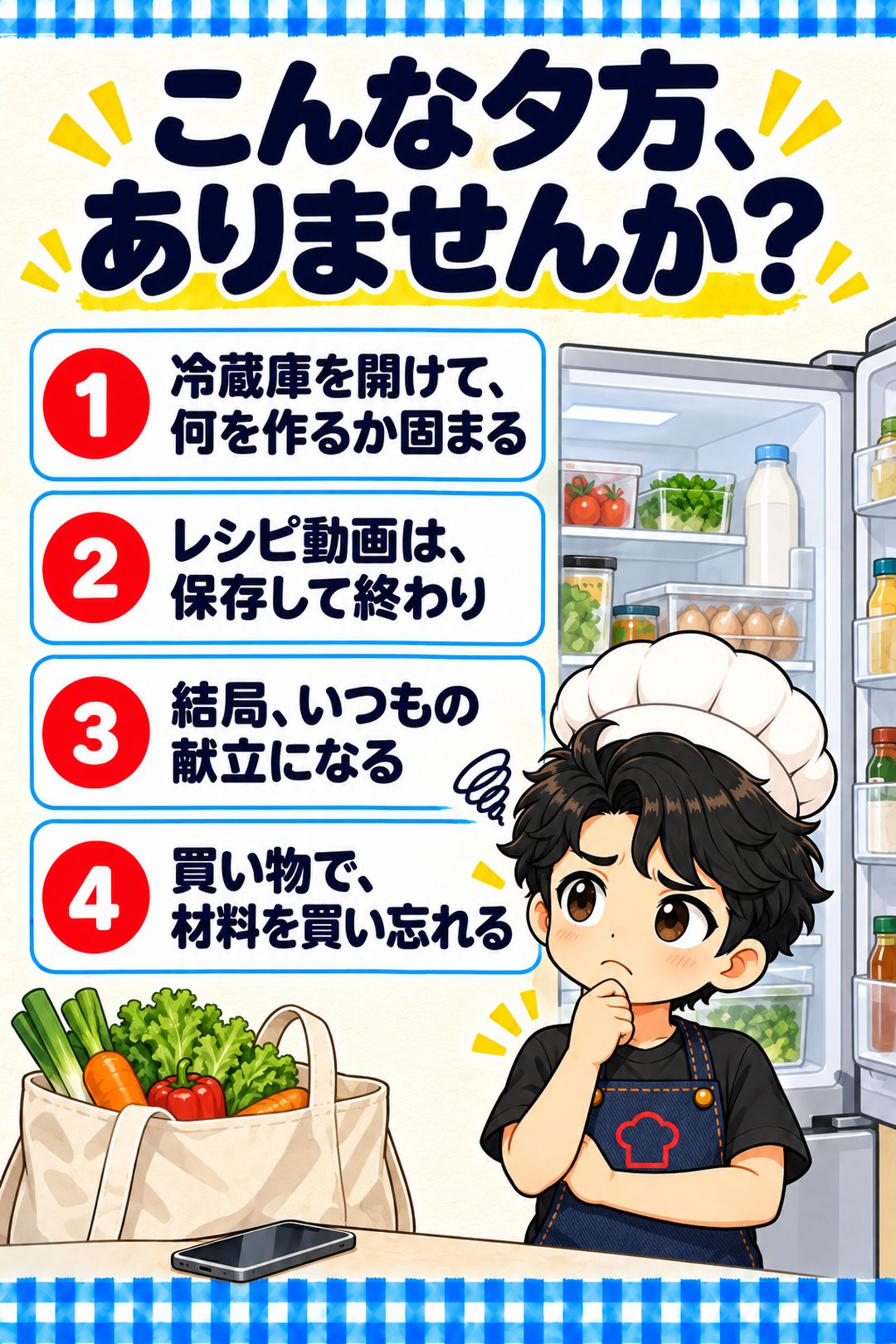 こんな夕方、ありませんか？ 1 冷蔵庫を開けて、何を作るか固まる。2 レシピ動画は、保存して終わり。3 結局、いつもの献立になる。4 買い物で、材料を買い忘れる