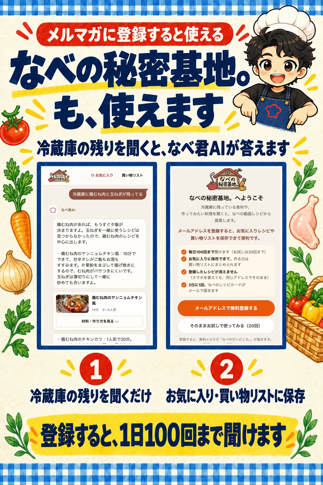 メルマガに登録すると使える。なべの秘密基地。も、使えます。冷蔵庫の残りを聞くと、なべ君AIが答えます。1 冷蔵庫の残りを聞くだけ。2 お気に入り・買い物リストに保存。登録すると、1日100回まで聞けます