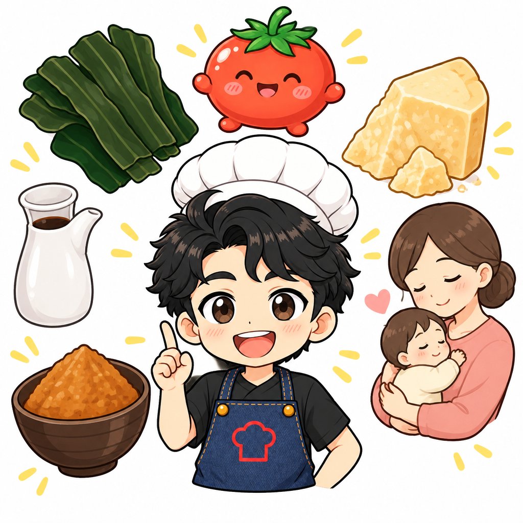 イラスト:なべくんのまわりに、昆布・トマト・チーズ・醤油・味噌・赤ちゃんを抱くお母さんが並んでいる