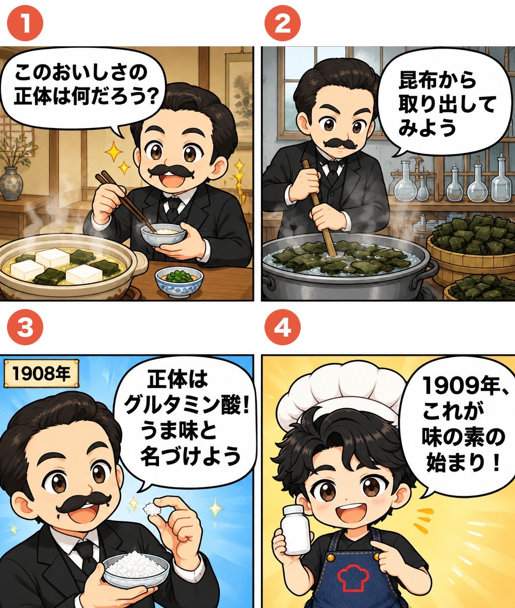 4コマ漫画:明治の化学者が昆布だしのおいしさの正体を調べ、1908年にグルタミン酸を見つけ、1909年に味の素が生まれるまで
