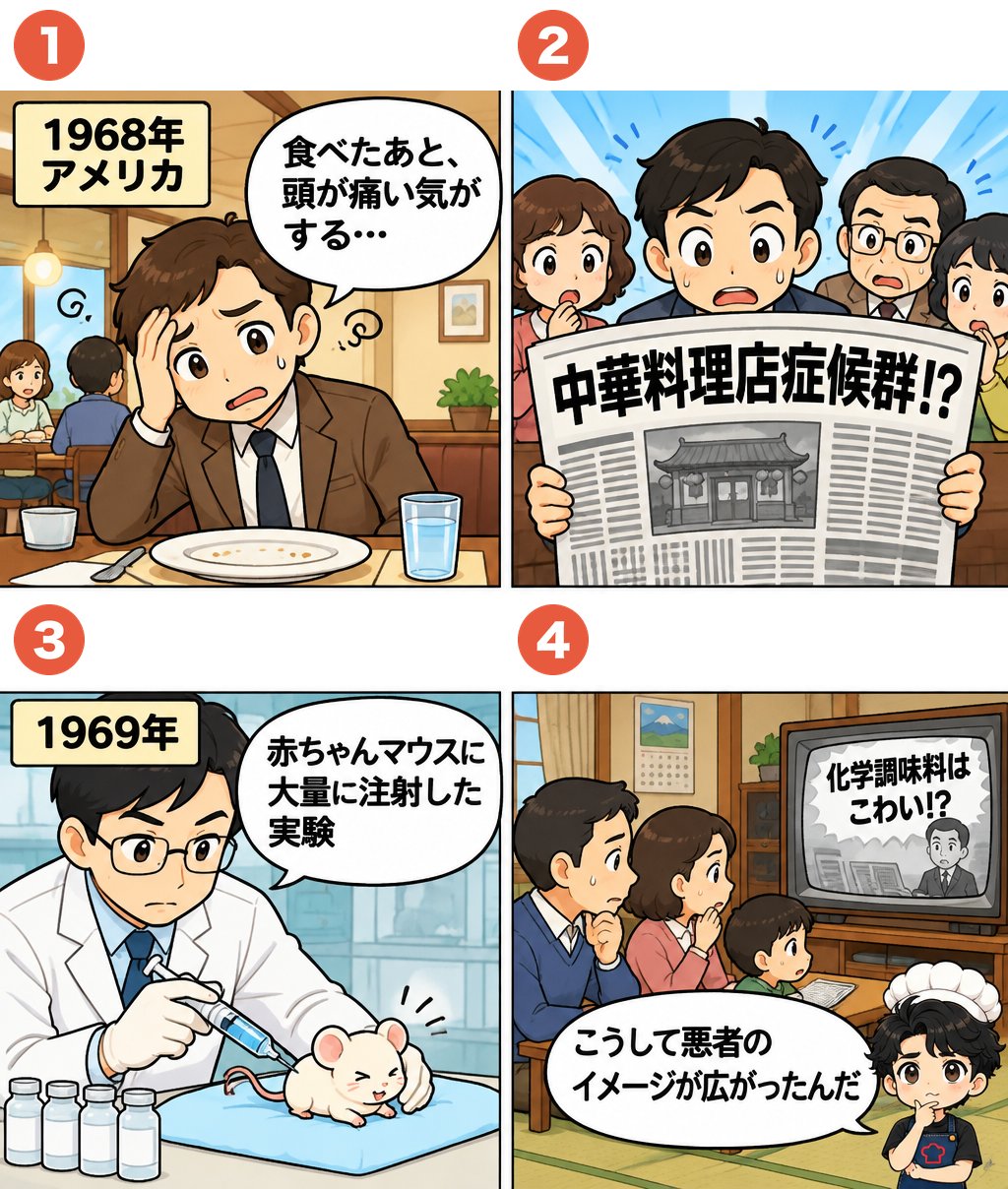 4コマ漫画:1968年アメリカで中華料理店症候群が話題になり、1969年のマウスの注射実験が報道され、日本で化学調味料はこわいというイメージが広がるまで