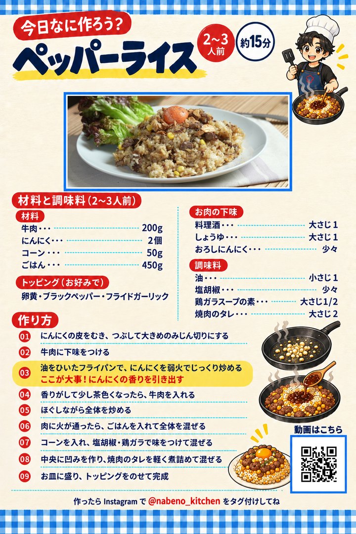 メルマガで届くレシピカードの実物(ペッパーライス)。材料・調味料と作り方9工程が1枚にまとまり、作り方動画のQRコードつき